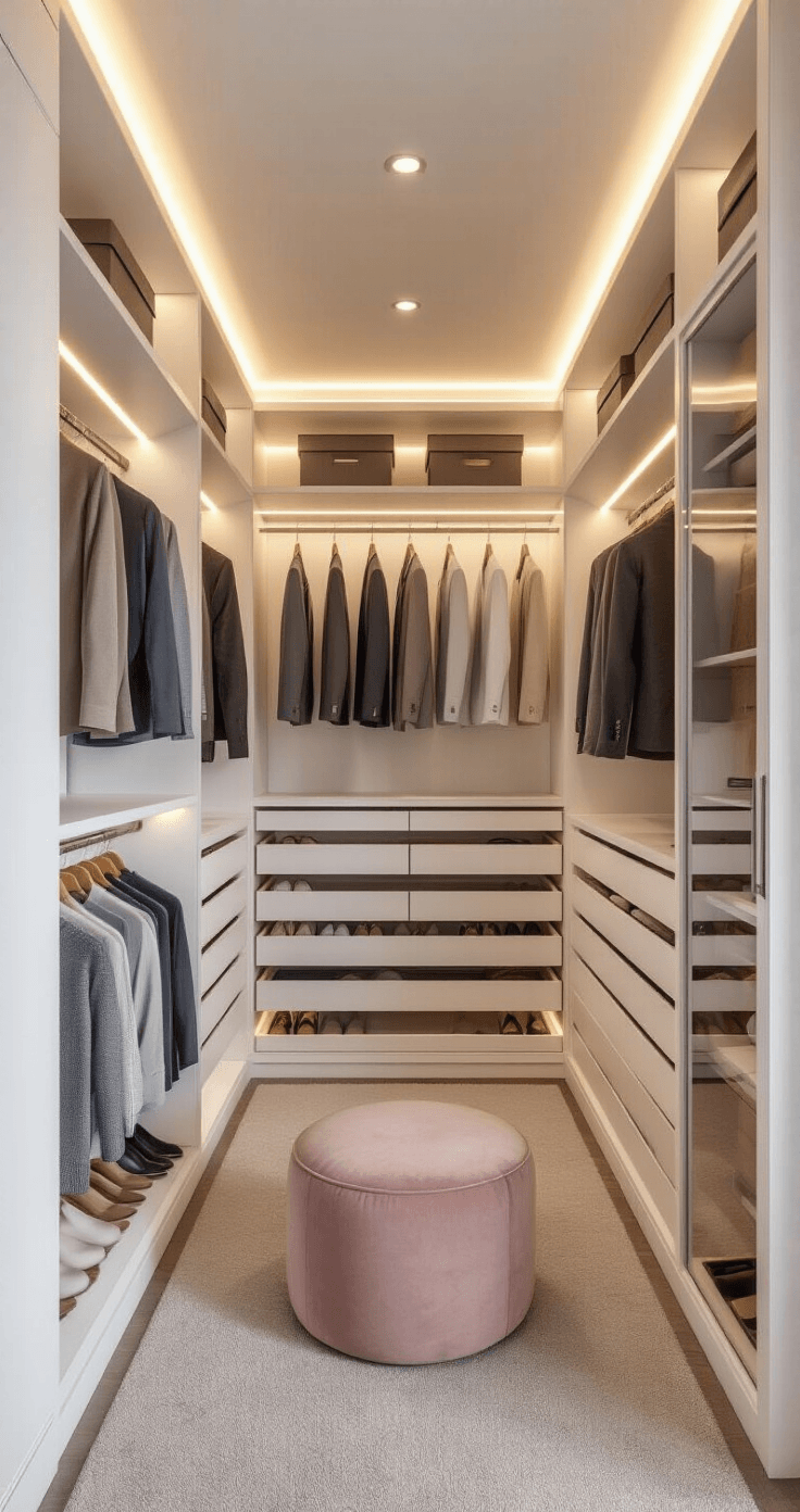 Photorealistic walk-in wardrobe interior in a converted alcove, featuring bright white walls, warm LED strip lighting, dual-sided hanging rods with color-coordinated clothing, pull-out acrylic-front drawers, angled shoe shelving, a blush velvet ottoman, and a mirror-backed end wall reflecting light, creating a sense of depth and luxury organization.