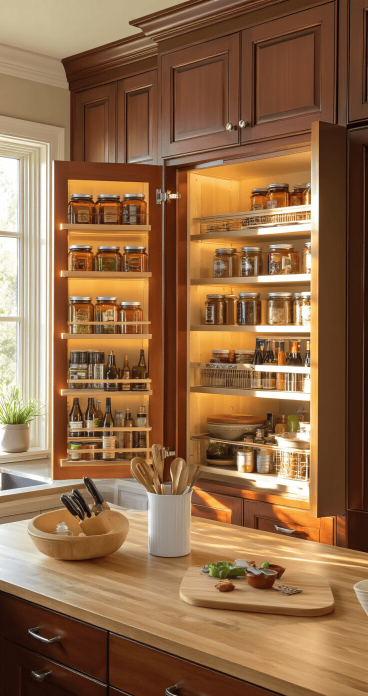 A warm, inviting kitchen with cherry wood cabinetry and organized interiors, featuring amber spice jars, olive oils, and condiments on Lazy Susans, illuminated by golden hour sunlight streaming through a farmhouse window.