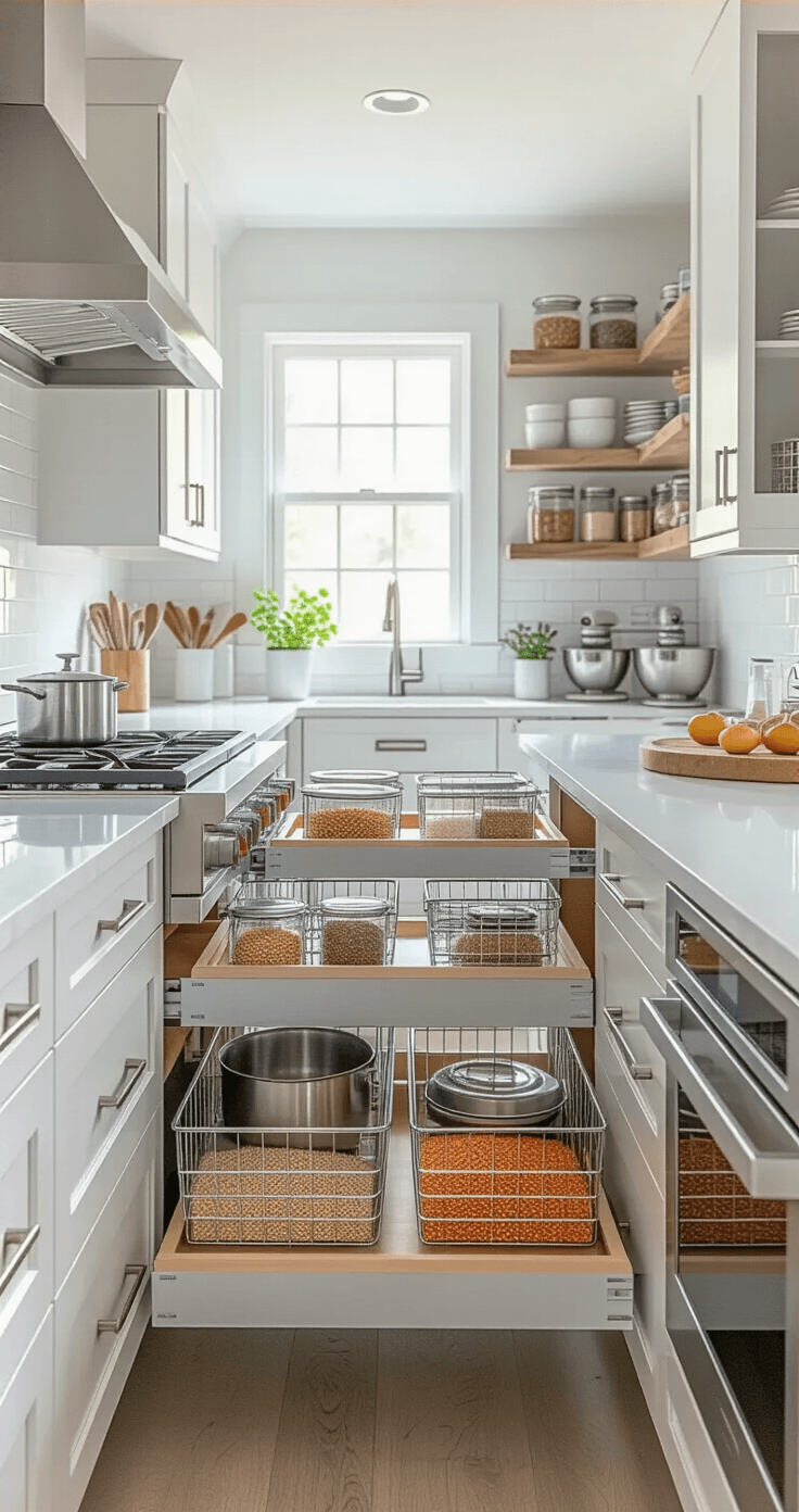 A bright morning view of a contemporary galley kitchen featuring white shaker cabinets, quartz countertops, and organized pull-out drawers with stainless steel baskets, accented by floating shelves displaying colorful dry goods and a window providing natural light.