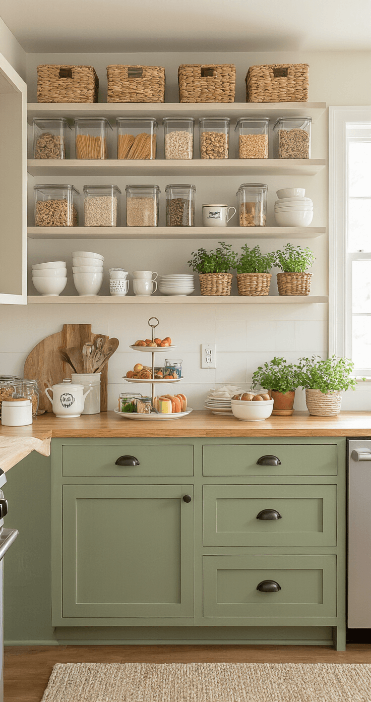 A cozy breakfast nook kitchen bathed in soft morning light, featuring sage green lower cabinets, open shelving with organized storage containers, a butcher block island with a fruit stand, and natural textures from woven baskets, creating a warm and inviting atmosphere.