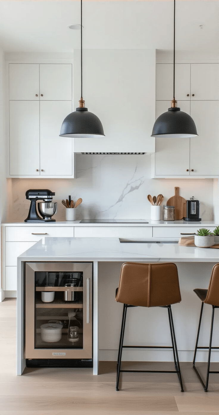 A spacious modern minimalist kitchen with flat-panel white cabinets, quartz waterfall countertops, and an appliance garage, featuring a sleek stand mixer and chrome toaster. The island has cognac brown leather stools and matte black pendant lights, with clear countertops showcasing only a coffee maker and succulent arrangement.