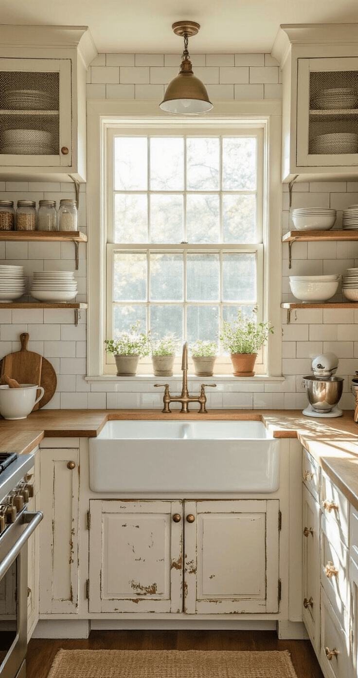 Charming farmhouse kitchen with distressed white cabinets, vintage brass hardware, and a farmhouse sink, featuring vertical storage for cutting boards and open shelving with mason jars, mixing bowls, and ironstone dishes, illuminated by golden afternoon light.