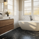 Cinematic interior shot of an elegant bathroom showcasing vertical white subway tiles, emerald arabesque accents, and black hexagon mosaic flooring, illuminated by warm golden hour lighting.