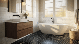 Cinematic interior shot of an elegant bathroom showcasing vertical white subway tiles, emerald arabesque accents, and black hexagon mosaic flooring, illuminated by warm golden hour lighting.