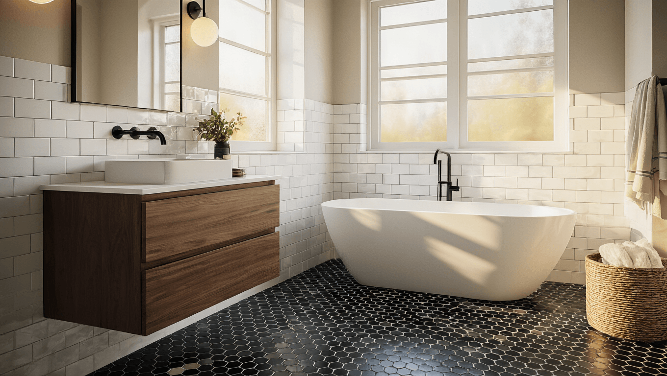 Cinematic interior shot of an elegant bathroom showcasing vertical white subway tiles, emerald arabesque accents, and black hexagon mosaic flooring, illuminated by warm golden hour lighting.