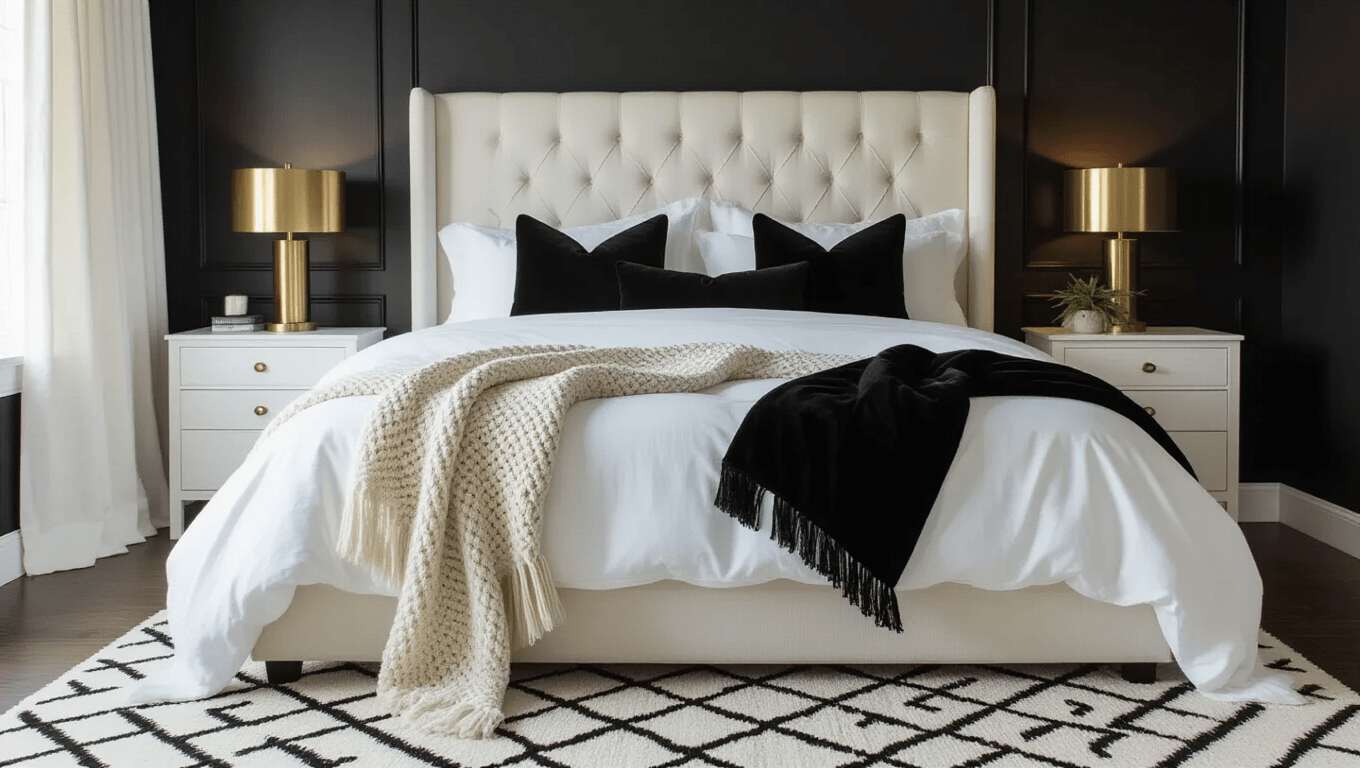 Cinematic master bedroom with black accent wall, white upholstered headboard, layered linens, velvet pillows, warm brass lighting, and hardwood floors, creating a cozy and luxurious atmosphere.
