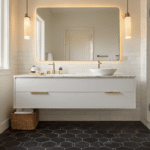 Small bathroom featuring a floating white vanity with a quartz countertop, large frameless mirror, dark hexagon floor tiles, white subway tile shower, and warm recessed lighting, creating a minimalist, spa-like atmosphere.