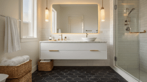Small bathroom featuring a floating white vanity with a quartz countertop, large frameless mirror, dark hexagon floor tiles, white subway tile shower, and warm recessed lighting, creating a minimalist, spa-like atmosphere.