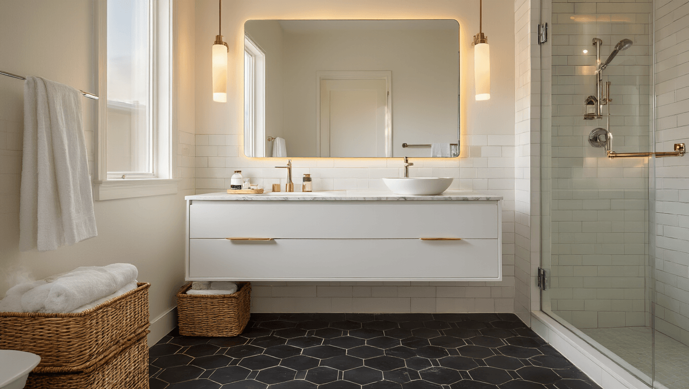 Small bathroom featuring a floating white vanity with a quartz countertop, large frameless mirror, dark hexagon floor tiles, white subway tile shower, and warm recessed lighting, creating a minimalist, spa-like atmosphere.