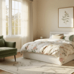Photorealistic cozy 3x3 bedroom with pastel linens, morning light, white platform bed, sage green velvet chair, honey oak hardwood floors, botanical print, small bookshelf, and minimalist decor.