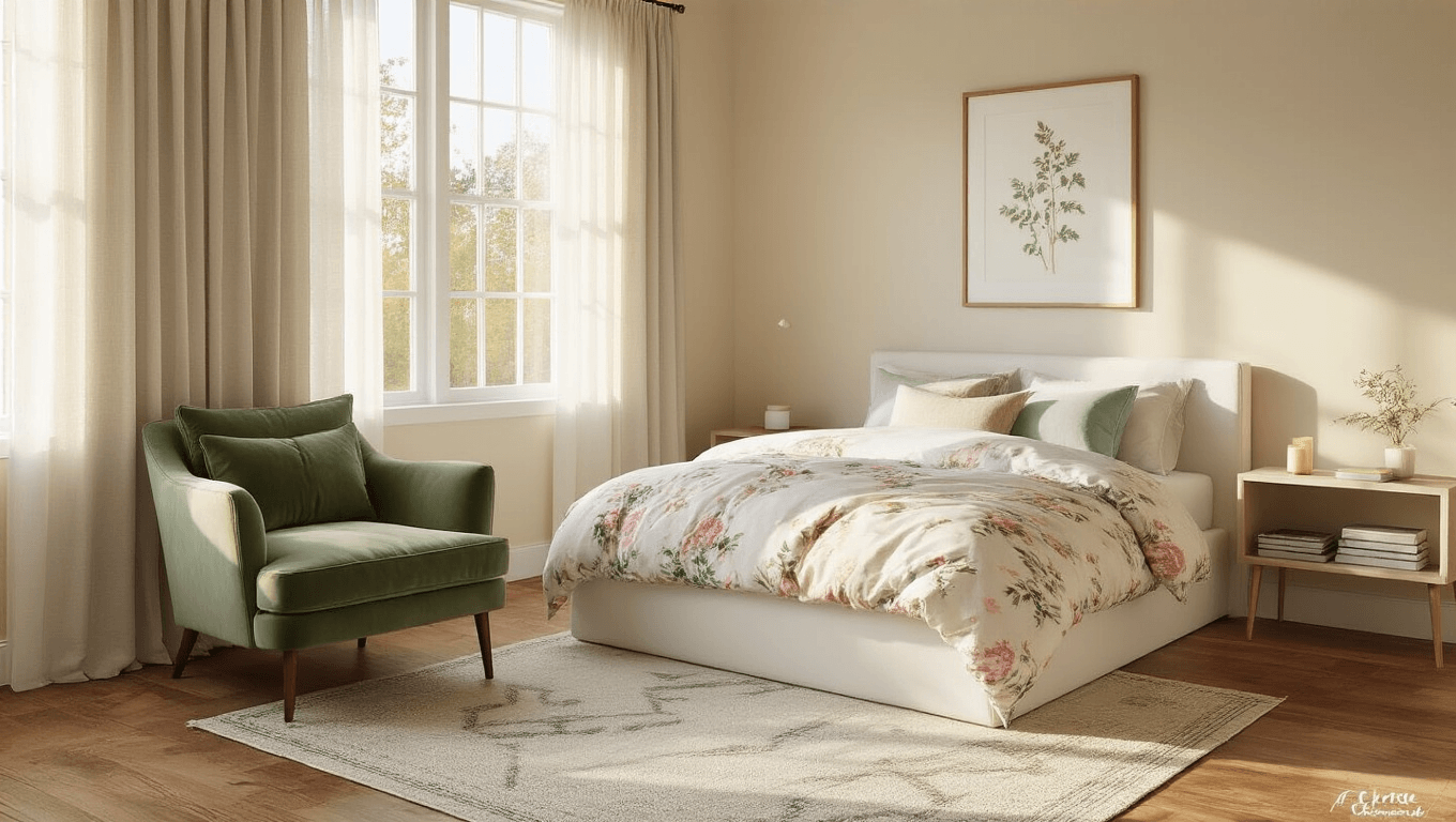 Photorealistic cozy 3x3 bedroom with pastel linens, morning light, white platform bed, sage green velvet chair, honey oak hardwood floors, botanical print, small bookshelf, and minimalist decor.