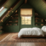 Cinematic wide shot of a cozy attic bedroom featuring deep forest green slanted walls, a low-profile platform bed with white linen, weathered oak floors, and exposed wooden beams, illuminated by golden hour light filtering through a dormer window, with vintage decor and a warm, inviting atmosphere.
