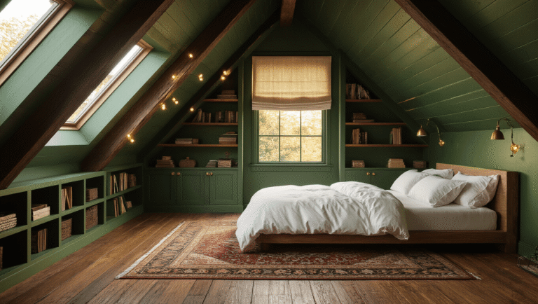 Cinematic wide shot of a cozy attic bedroom featuring deep forest green slanted walls, a low-profile platform bed with white linen, weathered oak floors, and exposed wooden beams, illuminated by golden hour light filtering through a dormer window, with vintage decor and a warm, inviting atmosphere.