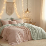 Cinematic wide-angle photograph of a dreamy aesthetic bedroom featuring pastel linens, velvet pillows, and warm fairy lights, illuminated by natural light, creating an intimate and tranquil atmosphere.