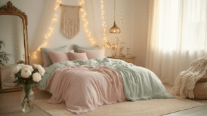 Cinematic wide-angle photograph of a dreamy aesthetic bedroom featuring pastel linens, velvet pillows, and warm fairy lights, illuminated by natural light, creating an intimate and tranquil atmosphere.