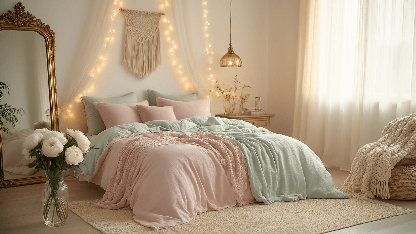 Cinematic wide-angle photograph of a dreamy aesthetic bedroom featuring pastel linens, velvet pillows, and warm fairy lights, illuminated by natural light, creating an intimate and tranquil atmosphere.
