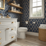 Elegant half bathroom with white shaker vanity, geometric navy wallpaper, floating oak shelf, and warm lighting, creating a cozy spa-like atmosphere.