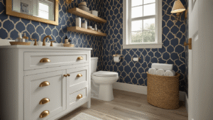 Elegant half bathroom with white shaker vanity, geometric navy wallpaper, floating oak shelf, and warm lighting, creating a cozy spa-like atmosphere.