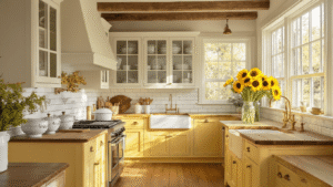 A charming farmhouse kitchen with butter yellow base cabinets, crisp white upper cabinets, and warm butcher block countertops, bathed in soft morning sunlight, showcasing vintage dishware, fresh sunflowers in mason jars, rustic wood beams, and a cozy breakfast nook.