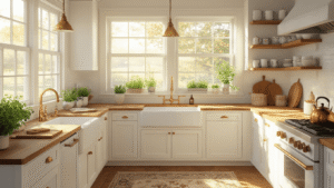 A bright traditional farmhouse kitchen featuring white Shaker cabinets, warm butcher block countertops, and a large central island, all bathed in soft morning sunlight with fresh herbs on the windowsill and cozy decor creating an inviting atmosphere.