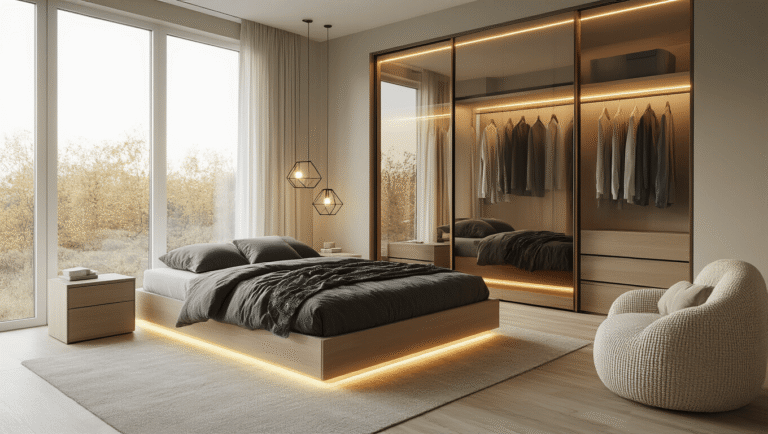 Photorealistic modern bedroom with a floor-to-ceiling mirrored sliding wardrobe, warm golden hour lighting, organized clothing visible, contemporary platform bed with charcoal linen bedding, pale oak flooring, minimalist bedside tables with geometric pendant lights, soft cream and sage green accents, cozy bouclé chair, and warm LED strip lighting, creating a serene atmosphere with clean lines and natural textures.