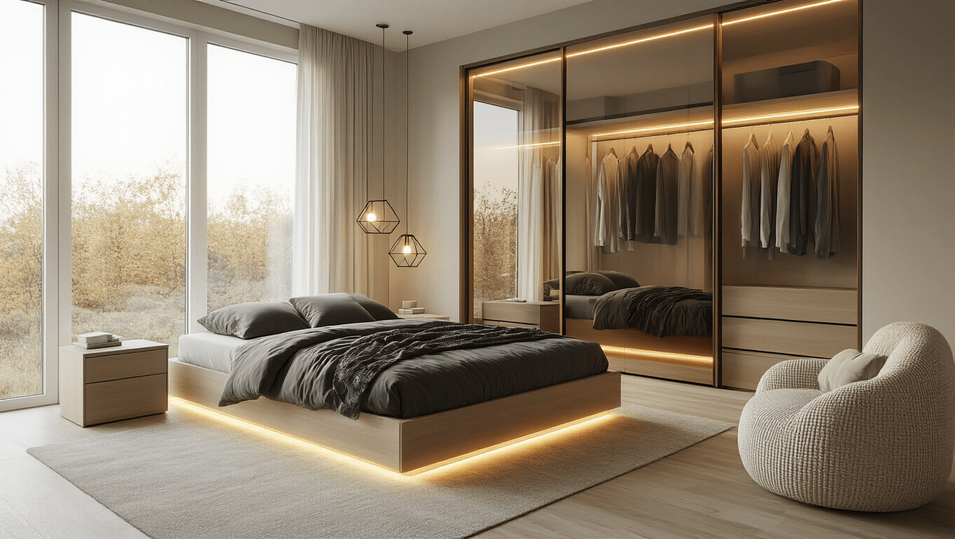 Photorealistic modern bedroom with a floor-to-ceiling mirrored sliding wardrobe, warm golden hour lighting, organized clothing visible, contemporary platform bed with charcoal linen bedding, pale oak flooring, minimalist bedside tables with geometric pendant lights, soft cream and sage green accents, cozy bouclé chair, and warm LED strip lighting, creating a serene atmosphere with clean lines and natural textures.