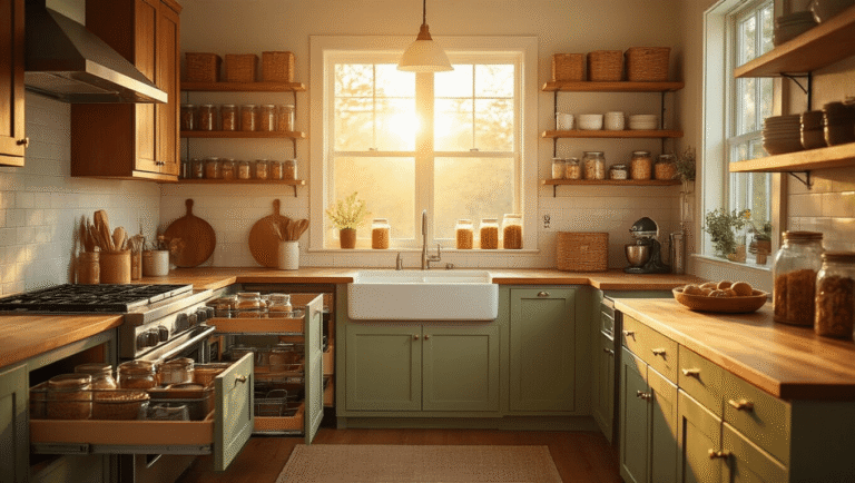 A warm farmhouse kitchen bathed in golden hour light, showcasing organized cherry wood cabinets, amber spice jars, and colorful dry goods in mason jars on floating shelves, with a cozy breakfast nook and a steaming coffee setup.