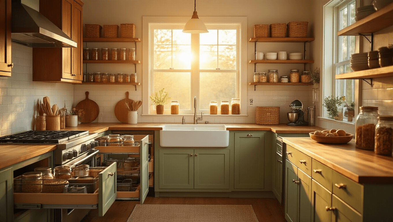 A warm farmhouse kitchen bathed in golden hour light, showcasing organized cherry wood cabinets, amber spice jars, and colorful dry goods in mason jars on floating shelves, with a cozy breakfast nook and a steaming coffee setup.