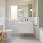 Cinematic wide-angle view of a small studio bathroom featuring a white floating vanity, wall-mounted fixtures, and a compact Japanese soaking tub, illuminated by warm golden hour light through a frosted window.