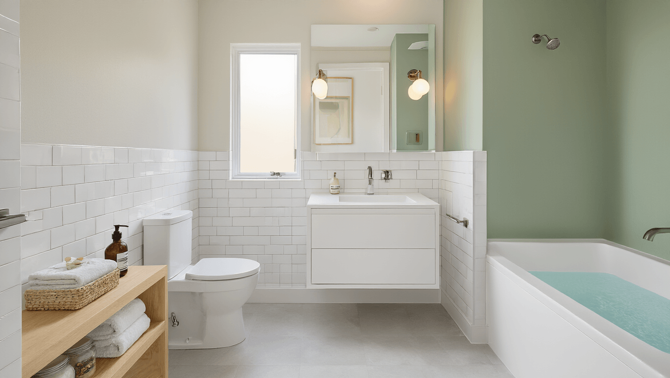 Cinematic wide-angle view of a small studio bathroom featuring a white floating vanity, wall-mounted fixtures, and a compact Japanese soaking tub, illuminated by warm golden hour light through a frosted window.