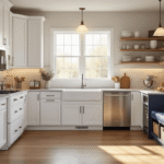 Photorealistic small L-shaped kitchen featuring white shaker cabinets, dove gray quartz countertops, and stainless steel appliances, illuminated by warm golden hour sunlight, with vertical storage, barn door pantry, built-in navy bench seating, and organized open shelving.