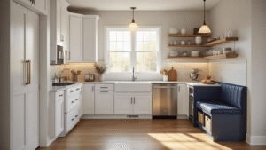 Photorealistic small L-shaped kitchen featuring white shaker cabinets, dove gray quartz countertops, and stainless steel appliances, illuminated by warm golden hour sunlight, with vertical storage, barn door pantry, built-in navy bench seating, and organized open shelving.