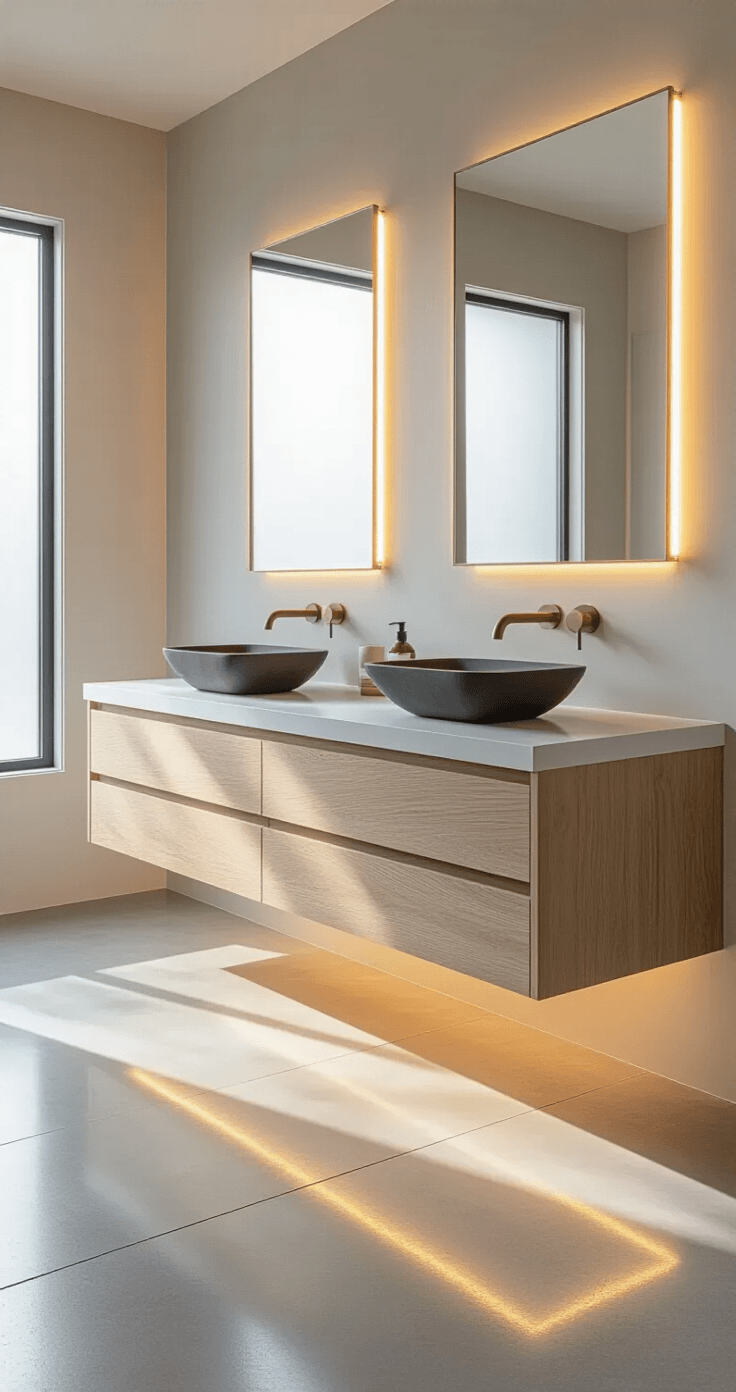 Photorealistic modern bathroom interior featuring a white oak floating vanity with quartz countertops, matte black vessel sink, geometric brass faucet, and warm LED lighting, with natural light streaming through frosted windows, creating a serene spa-like ambiance.