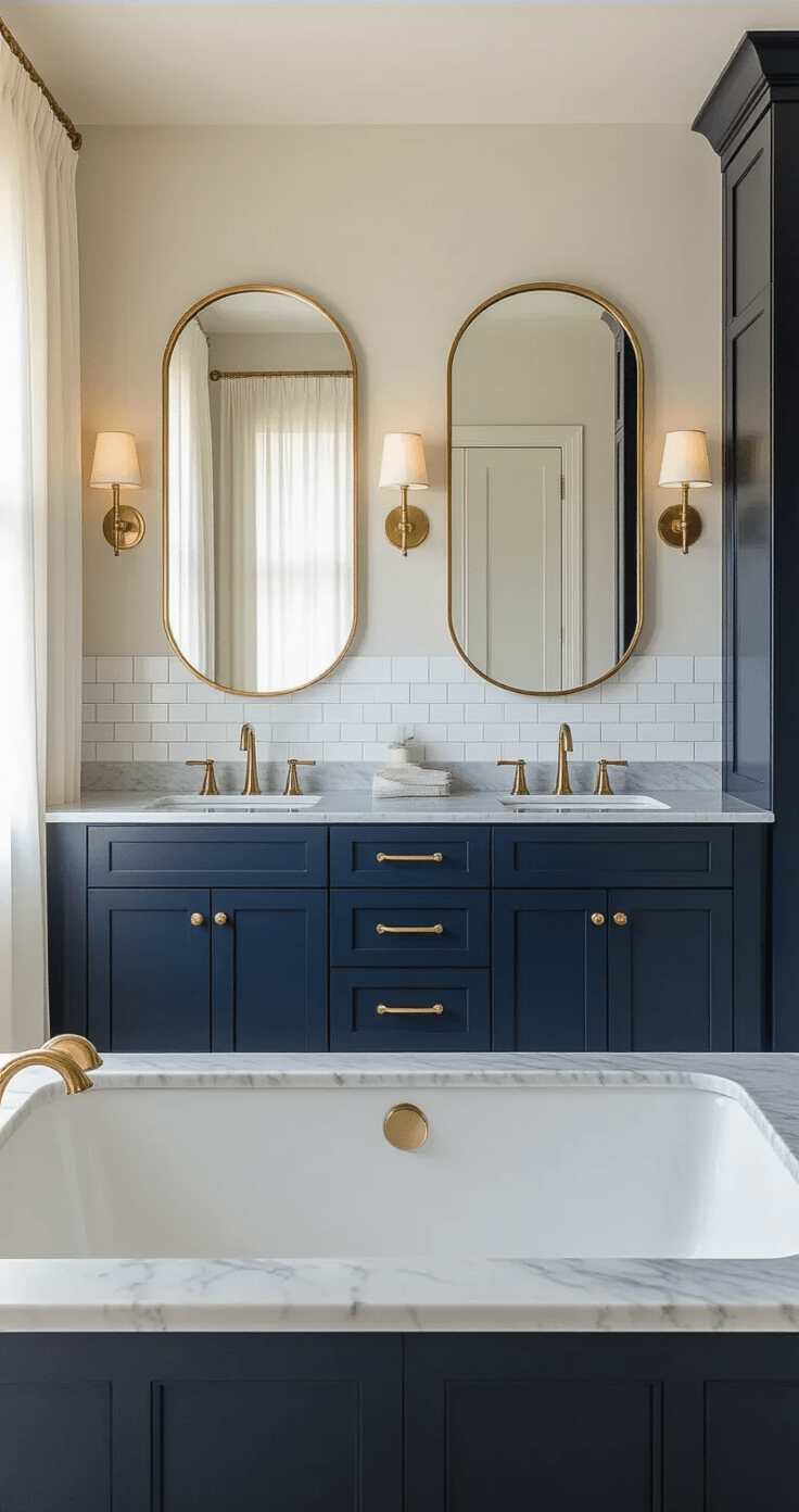 Photorealistic master bathroom featuring a 72-inch double-sink navy blue vanity with Carrara marble countertops, undermount sinks, and polished brass faucets, illuminated by golden hour lighting through sheer curtains, and flanked by circular mirrors above a subway tile backsplash.