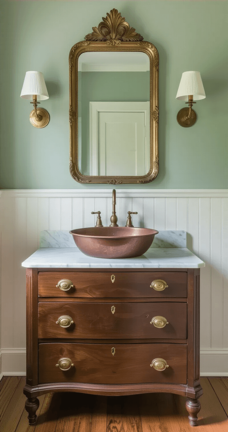 Photorealistic interior of a charming powder room featuring a converted antique dresser vanity with a dark walnut finish, brass pulls, and a white marble countertop. A round copper vessel sink and vintage brass faucet are highlighted, surrounded by white beadboard wainscoting and sage green walls, with a gold-leaf ornate mirror above. Honey oak hardwood floors complete the aesthetic.