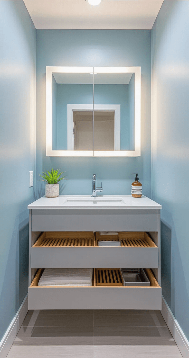 Photorealistic compact bathroom featuring a light grey floating vanity with organized drawers, a wall-to-wall white quartz countertop, a sleek undermount sink, and LED-lit medicine cabinet, all set against pale blue walls that enhance the bright morning light in a 5x6 foot space.