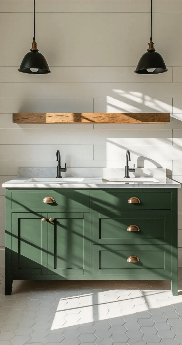 Photorealistic bathroom scene featuring a two-toned vanity with forest green lower cabinets and natural white oak upper shelf, lit by late afternoon light casting dramatic shadows, white marble countertop, matte black faucet, and large format white tiles in the background, with pendant lights overhead.