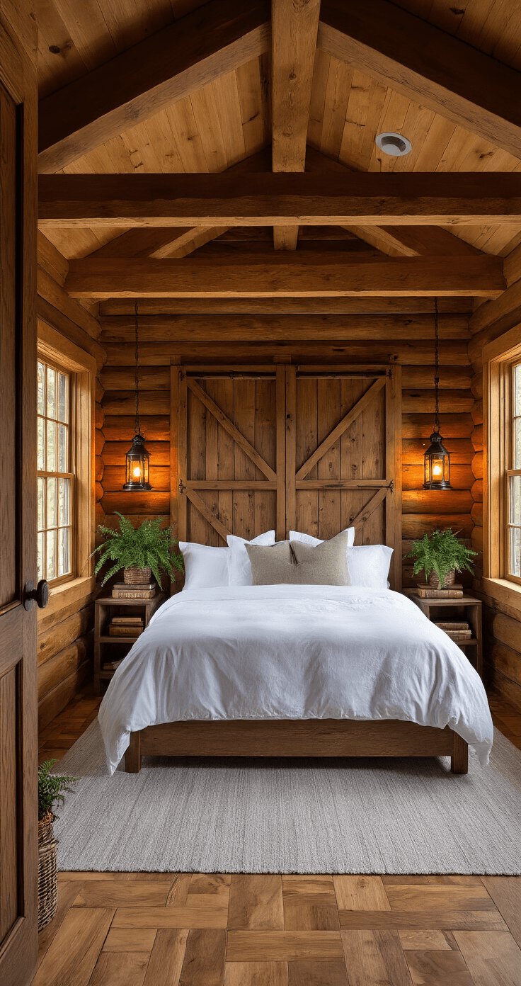 Cozy cabin-style bedroom with dark oak walls and exposed spruce beams, featuring a queen bed with white linens, rustic nightstands with lanterns, and geometric oak fence panel decor, illuminated by warm golden hour sunlight.