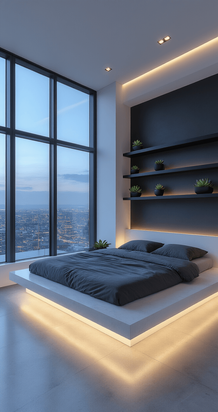 Interior shot of an ultra-modern minimalist loft bedroom with floor-to-ceiling windows showcasing city lights at blue hour, featuring pristine white concrete walls, a floating platform bed made from white quartz slabs, charcoal gray polished concrete floors, geometric floating shelves with succulents, and notable lighting accents creating an ethereal ambiance.