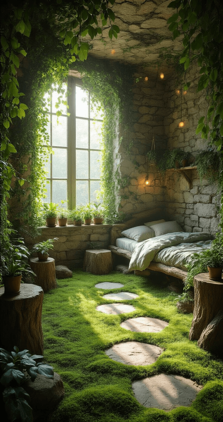 Interior photograph of a whimsical, nature-inspired bedroom featuring aged stone brick walls with ivy and moss, a grass floor with stone stepping stones, and a bed surrounded by azalea leaves and glow berries, all bathed in soft morning light filtering through overgrown foliage.