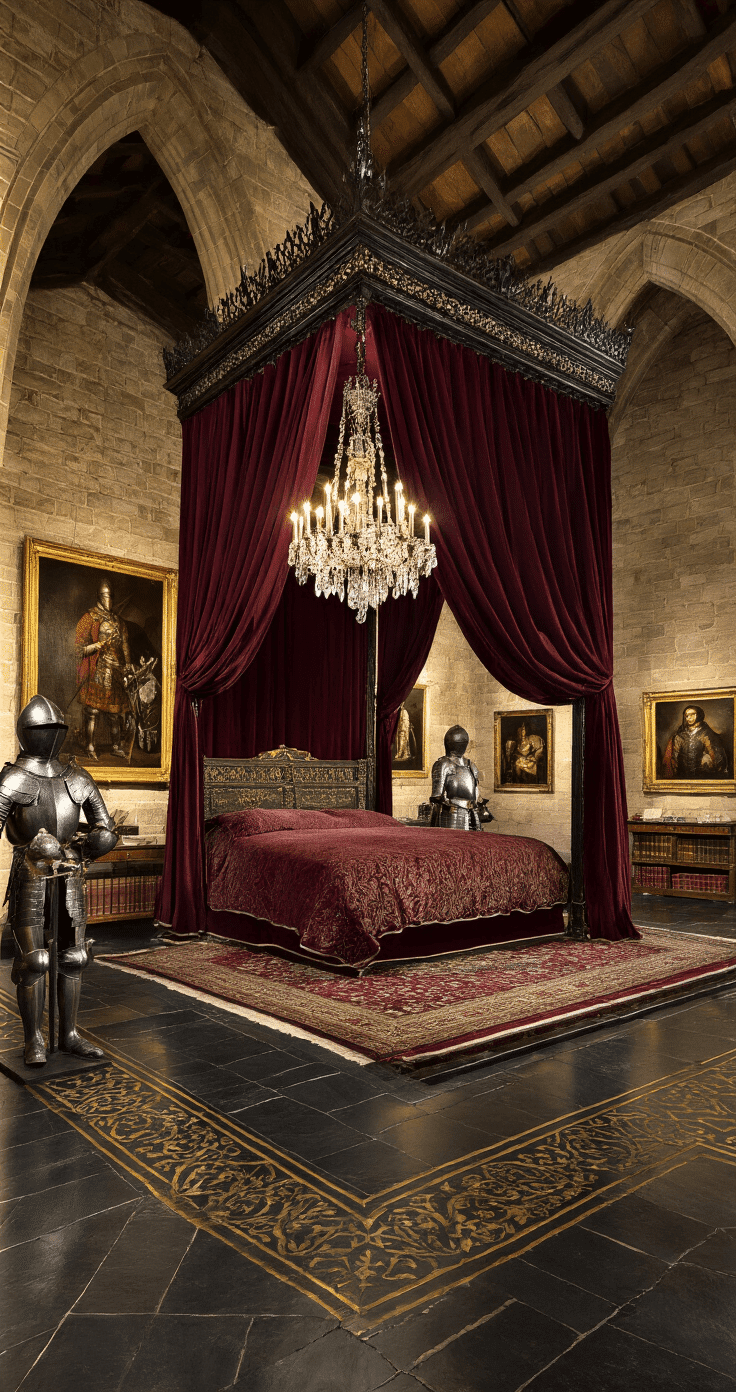 Opulent royal castle bedroom illuminated by flickering candlelight, featuring a canopy bed with burgundy velvet curtains, polished blackstone floors with gold inlays, and stone brick walls with vaulted ceilings. Decorated with crystal chandelier, medieval armor stands, and gilt-framed oil paintings, set in a rich color palette of burgundy, gold, and deep brown, creating a luxurious atmosphere.