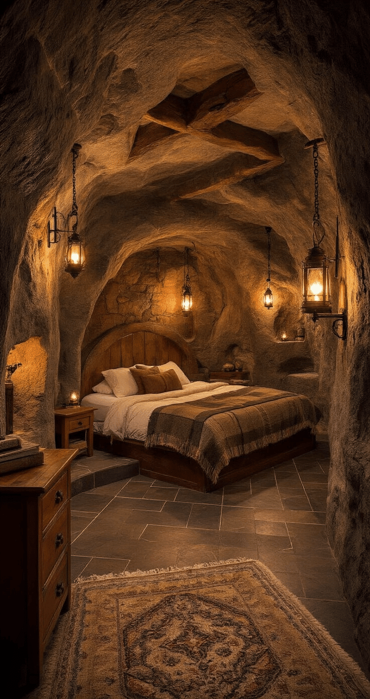 Interior of a cozy cave bedroom with exposed deepslate walls and refined tile flooring, featuring a carved stone alcove bed surrounded by amber lanterns. Warm firelight casts dramatic shadows, highlighting wooden furniture and thick carpets in an earthy brown and gray color scheme, creating an intimate atmosphere.