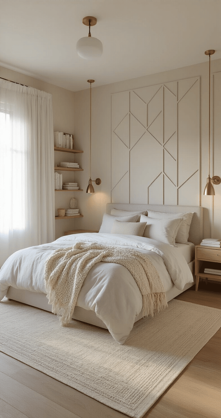 Photorealistic interior of a tiny bedroom featuring soft golden hour light, with a queen bed dressed in white linens and a textured gray duvet, geometric wallpaper headboard, floating oak nightstands, a fiddle leaf fig, and a cozy cream area rug.