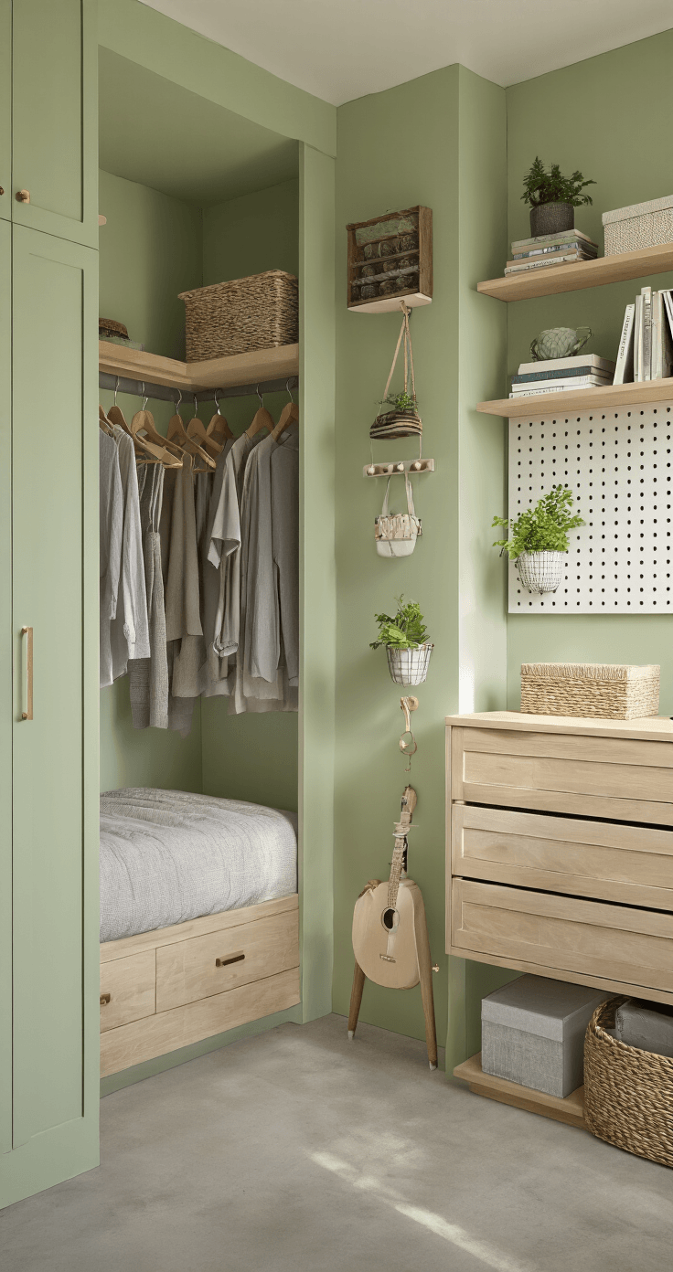 Photorealistic wide-angle view of a compact bedroom with light sage green walls, featuring a bed with tapered legs and drawer storage, a double-rod closet with wooden hangers, a pegboard wall for accessories, a tall narrow dresser, and wall-mounted floating shelves, all illuminated by bright morning light on polished concrete floors.