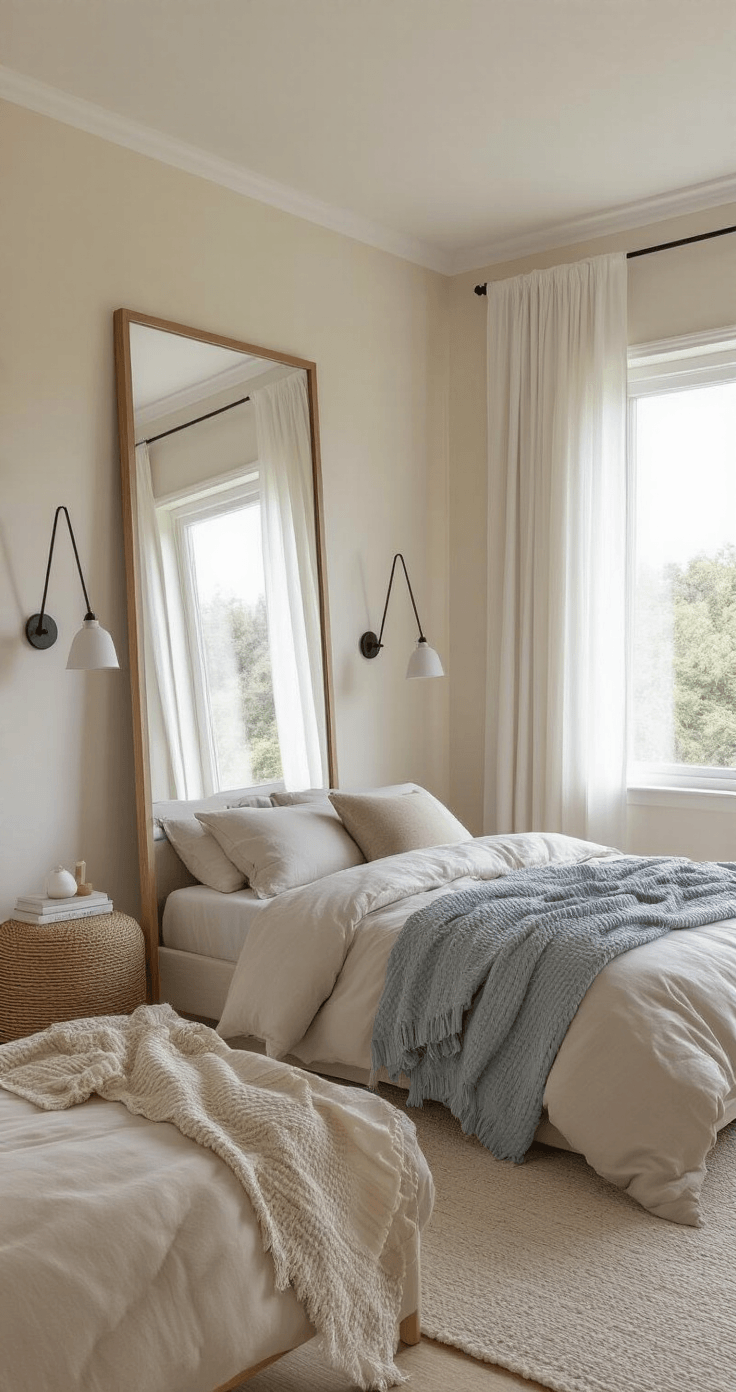 Photorealistic bedroom interior featuring a bed with layered bedding in gray and blue, a full-length mirror reflecting natural light, wall-mounted swing-arm shelves as nightstands, sheer white curtains, and exposed hardwood floors, all captured from a bed-level perspective in soft midday lighting.