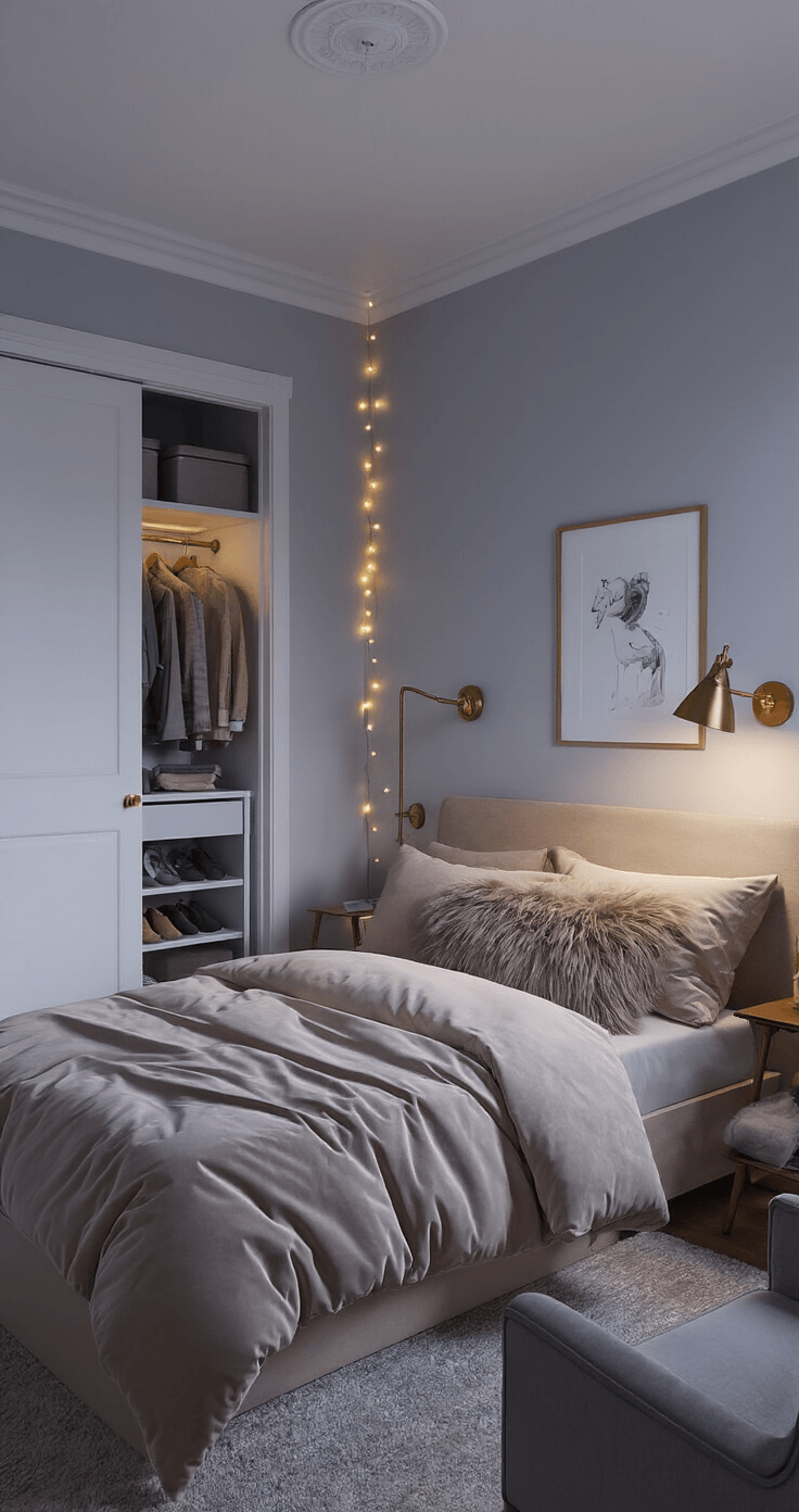 A photorealistic depiction of a tiny bedroom at evening blue hour, showcasing warm lighting layers with a dimmable ceiling fixture, brass wall-mounted reading lights, and string lights. The room features light gray walls, an open-frame bed with velvet bedding, a statement artwork, an organized closet, and a small reading chair in the corner.