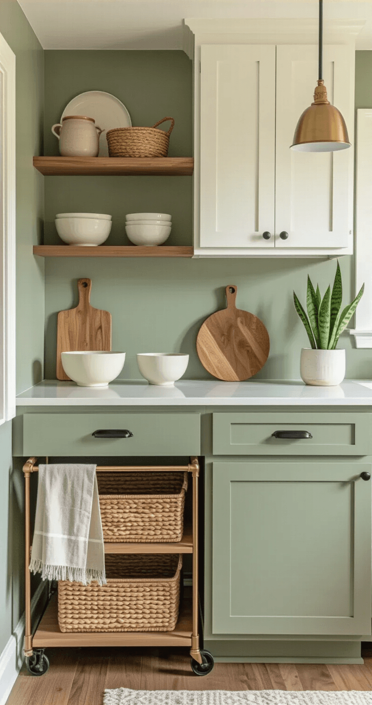 A cozy L-shaped tiny kitchen corner featuring sage green peel-and-stick accent wall, white cabinets with black hardware, quartz-look countertops, and a mobile prep station cart with brass accents, adorned with woven baskets and ceramic bowls, illuminated by warm pendant lighting during golden hour.