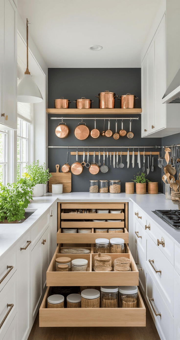 Overhead view of a narrow 50-square-foot kitchen featuring vertical storage solutions, white cabinets extending to the ceiling, pull-out drawers with bamboo organizers, a charcoal gray pegboard displaying copper pots, a ceiling-mounted pot rail, magnetic strips for knives, a lazy Susan in the corner cabinet, glass storage containers with wooden lids, and fresh herbs in terracotta pots, all bathed in late afternoon indirect light, showcasing an industrial-meets-farmhouse aesthetic and efficient workflow triangle.