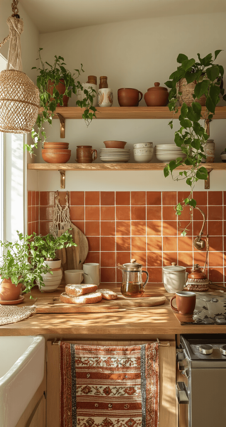 A cozy bohemian-style tiny kitchen with warm terracotta tiles and open shelving displaying vintage ceramics, featuring a breakfast setup with fresh bread, olive oil, and coffee, surrounded by plants and layered textiles in bright morning light.