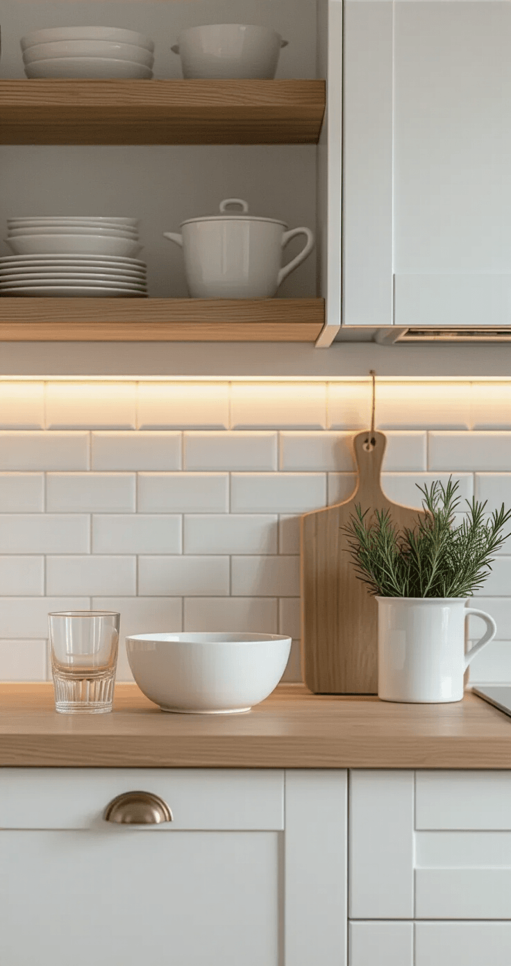 Minimalist Scandinavian kitchen vignette featuring pure white cabinets, subway tile backsplash, a pale oak floating shelf with a white ceramic bowl and two drinking glasses, and a wooden cutting board. Early morning soft light highlights the clear countertops, under-cabinet lighting casts subtle shadows, with a small white pot of fresh rosemary, all presented in a cool white color palette accented by warm wood elements.